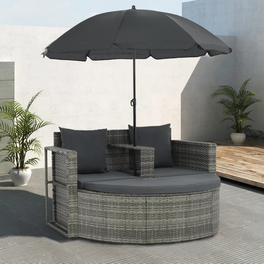 2-seater-patio-sofa-with-cushions-and-parasol-gray-poly-rattan At Willow and Wine USA!