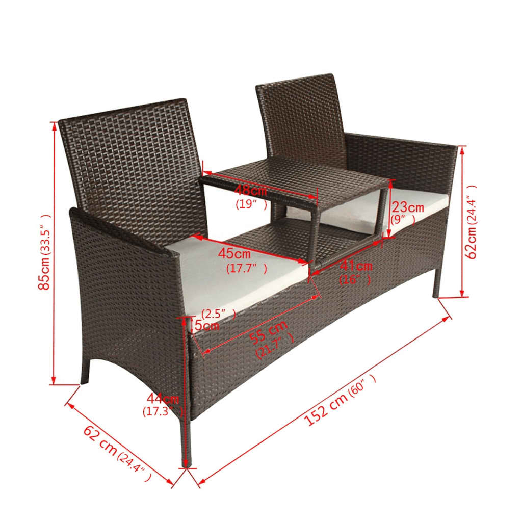 2-Seater Patio Sofa with Tea Table Poly Rattan Brown