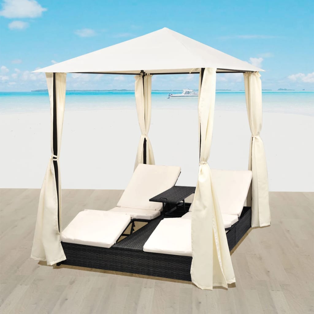 double-sun-lounger-with-curtains-poly-rattan-black At Willow and Wine USA!