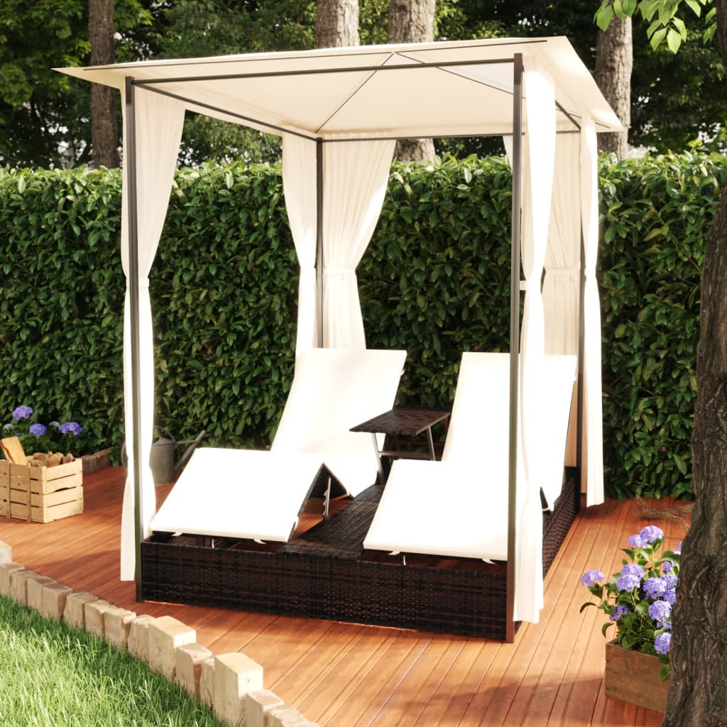 double-sun-lounger-with-curtains-poly-rattan-black At Willow and Wine USA!