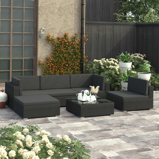 6 Piece Patio Lounge Set with Cushions Poly Rattan Black