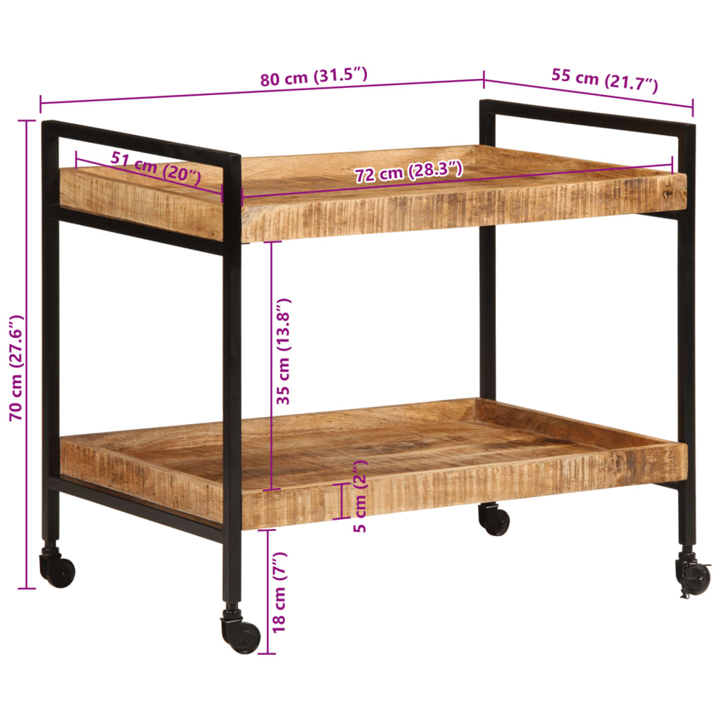 Kitchen Trolley 31.5"x21.7"x27.6" Solid Rough Wood Mango