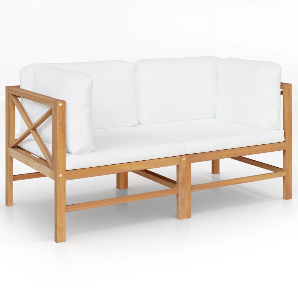 2-seater-patio-bench-with-cream-cushions-solid-teak-wood At Willow and Wine USA!