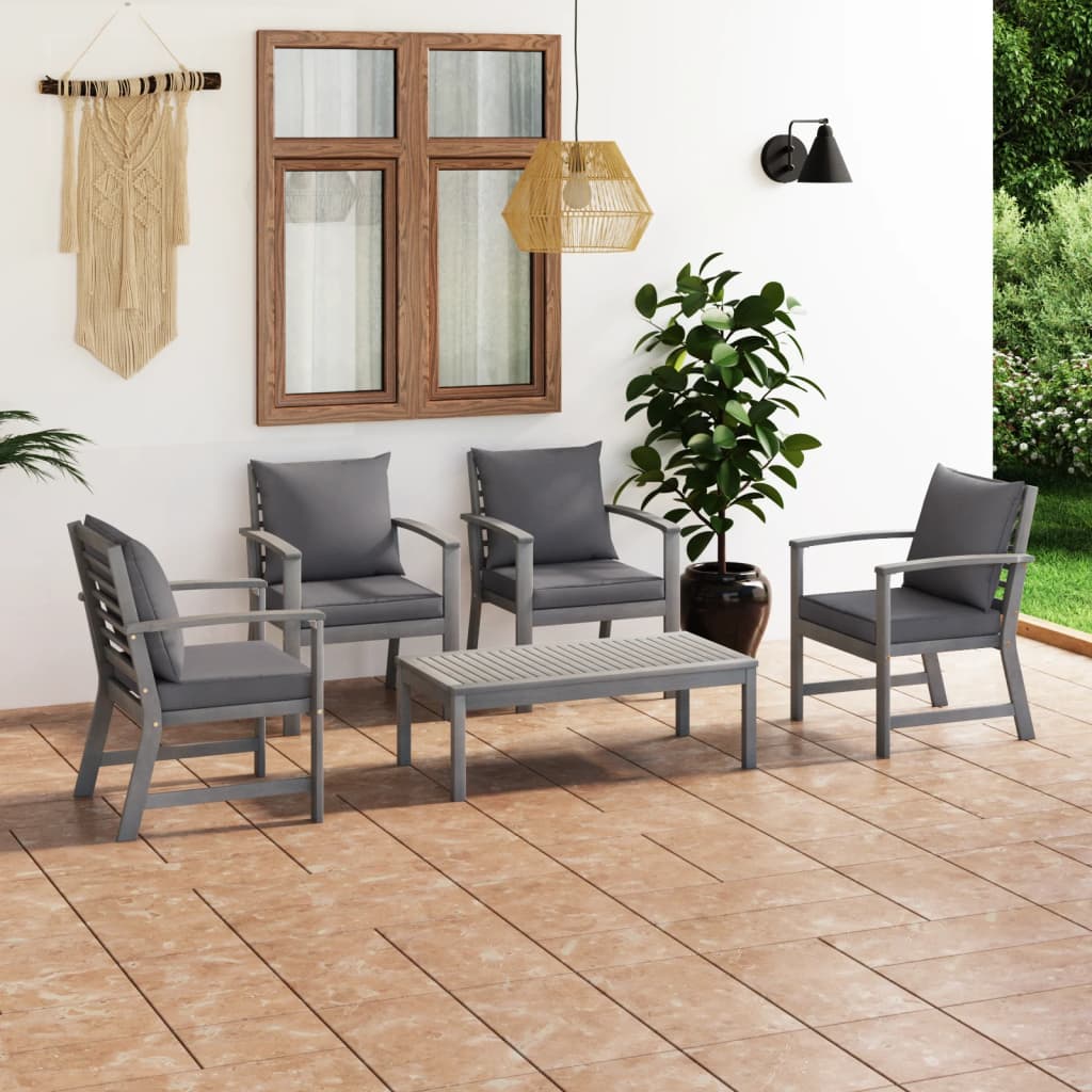 5-piece-garden-lounge-set-with-cushion-solid-acacia-wood-gray At Willow and Wine USA!