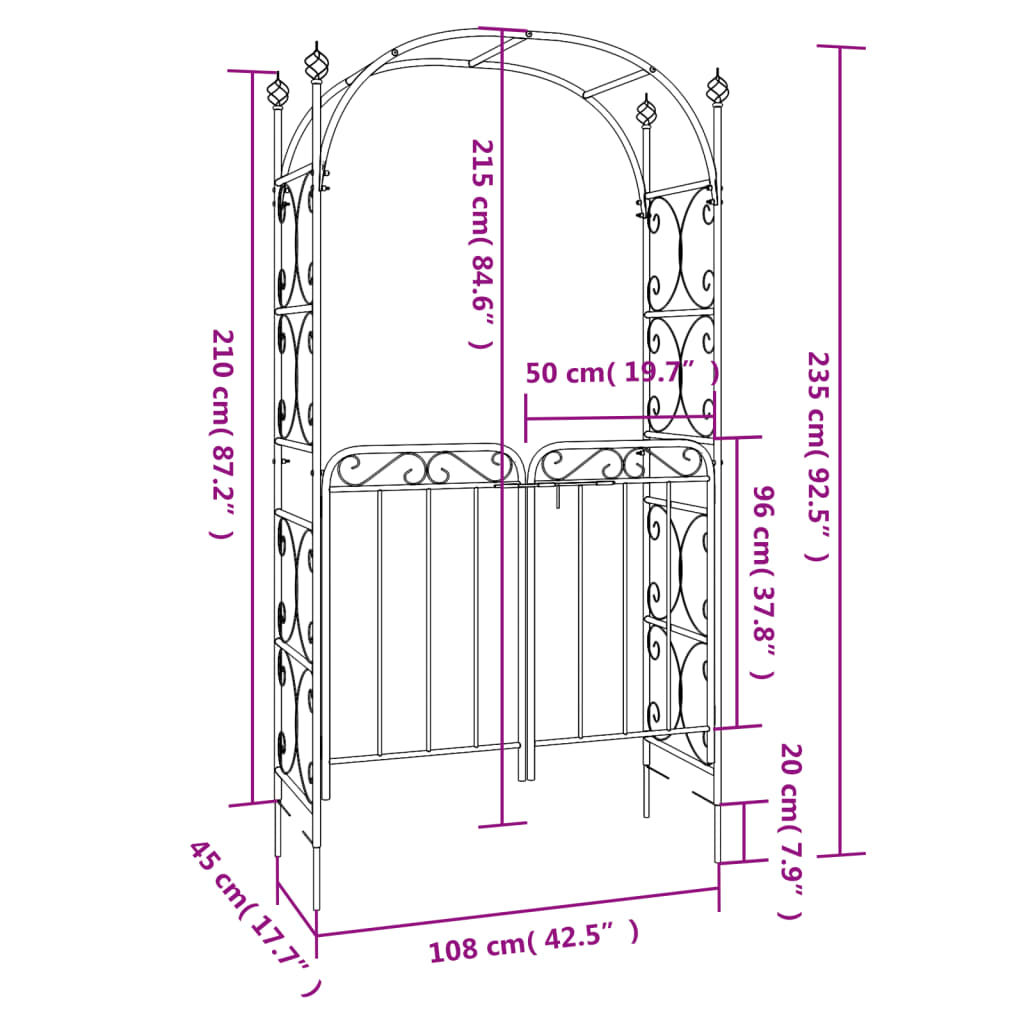 Garden Arch with Gate Black 42.5"x17.7"x92.5" Steel