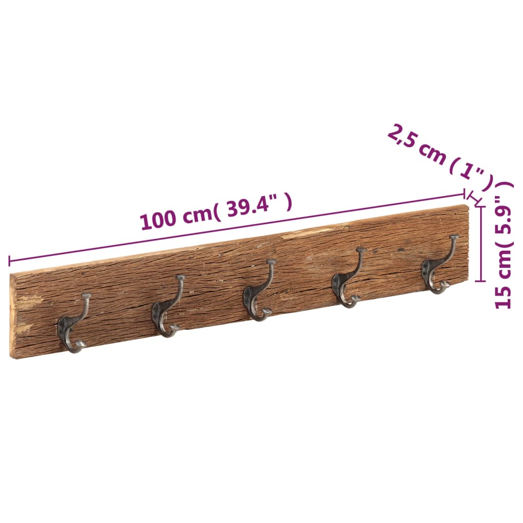 Hall Hanger with 5 Hooks 39.4"x1"x5.9" Solid Reclaimed Wood