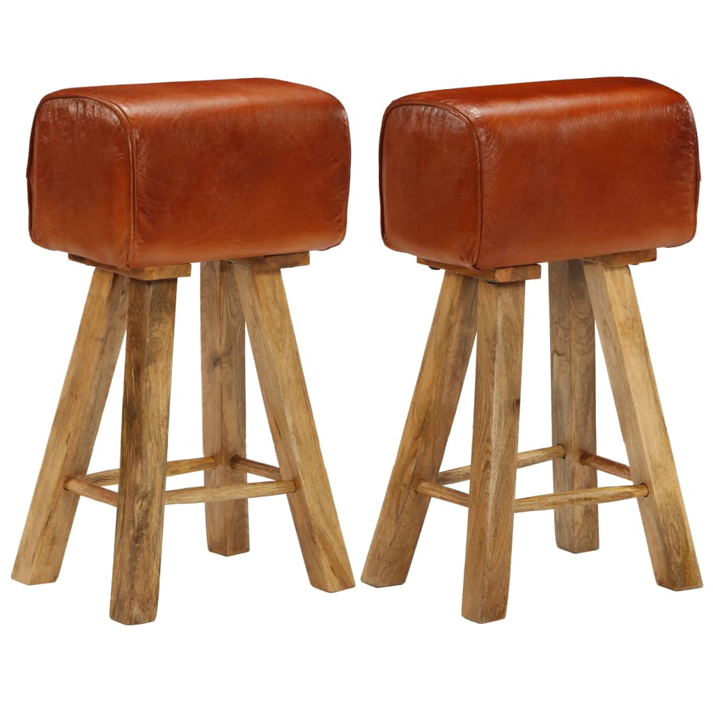 Bar Chairs 2 pcs Real Leather and Solid Mango Wood