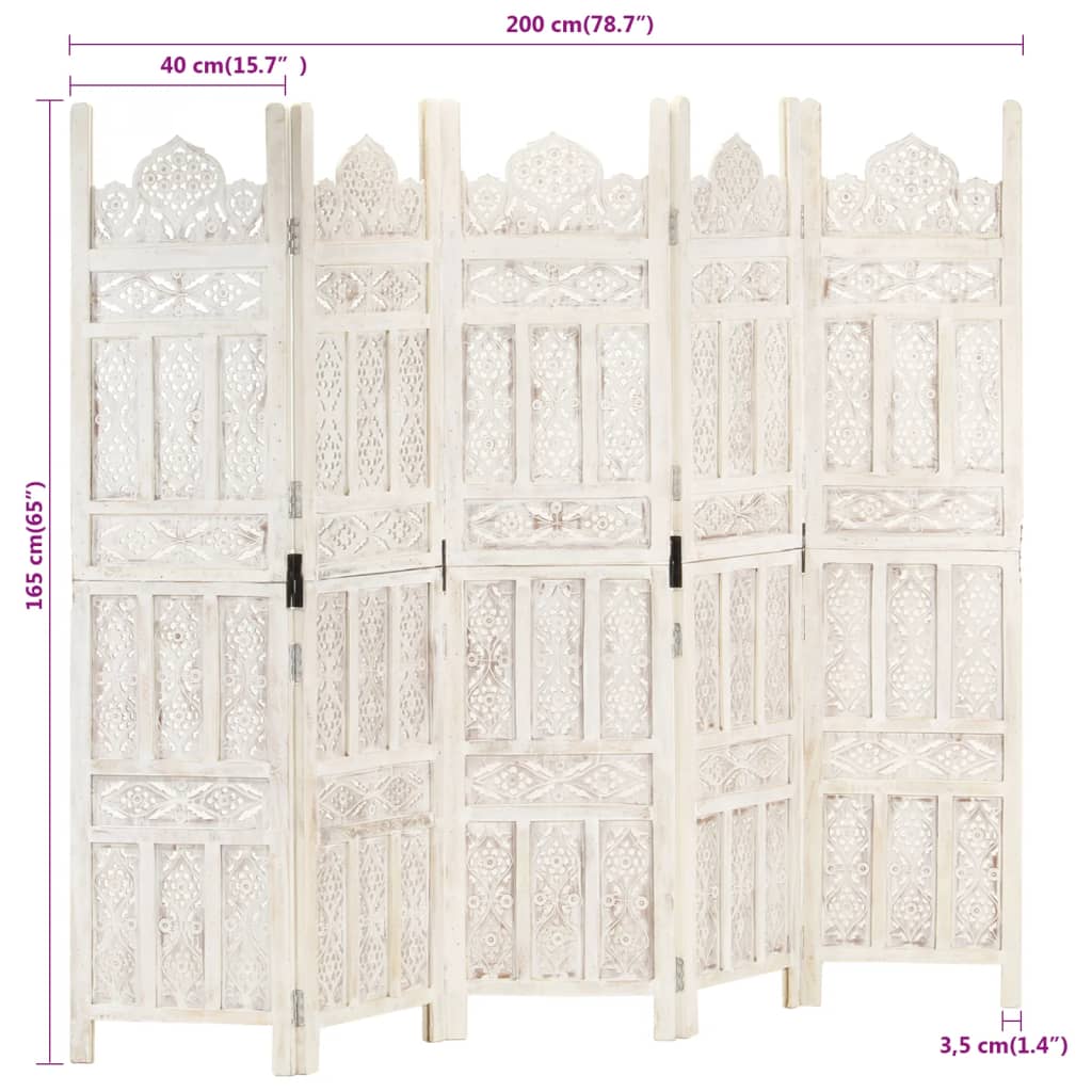 hand-carved-5-panel-room-divider-white-78-7-x65-solid-mango-wood At Willow and Wine USA!