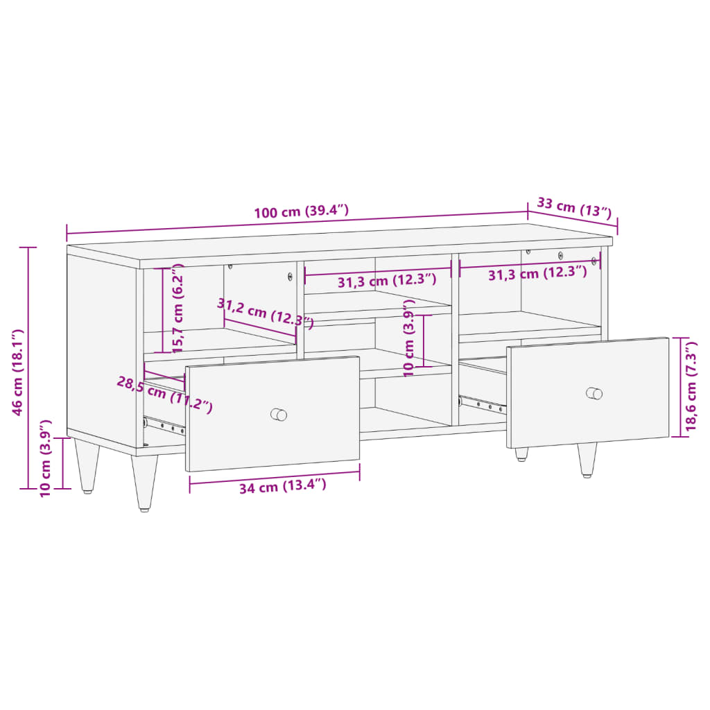 vidaXL TV Cabinet 100x33x46 cm Solid Wood Mango