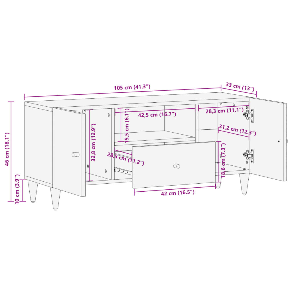 vidaXL TV Cabinet 105x33x46 cm Solid Wood Mango