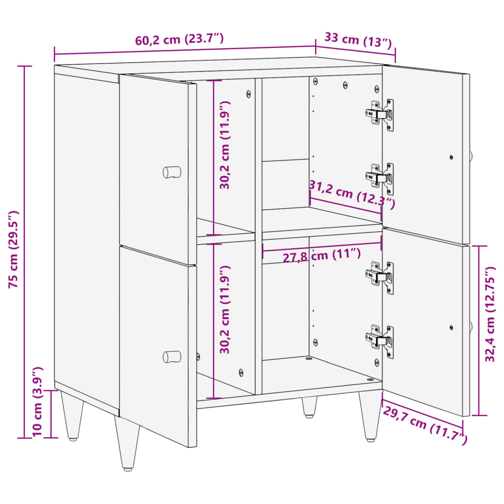 vidaXL Side Cabinet 60x33x75 cm Solid Wood Mango