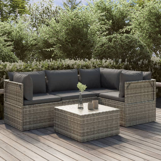 5 Piece Patio Lounge Set with Cushions Gray Poly Rattan