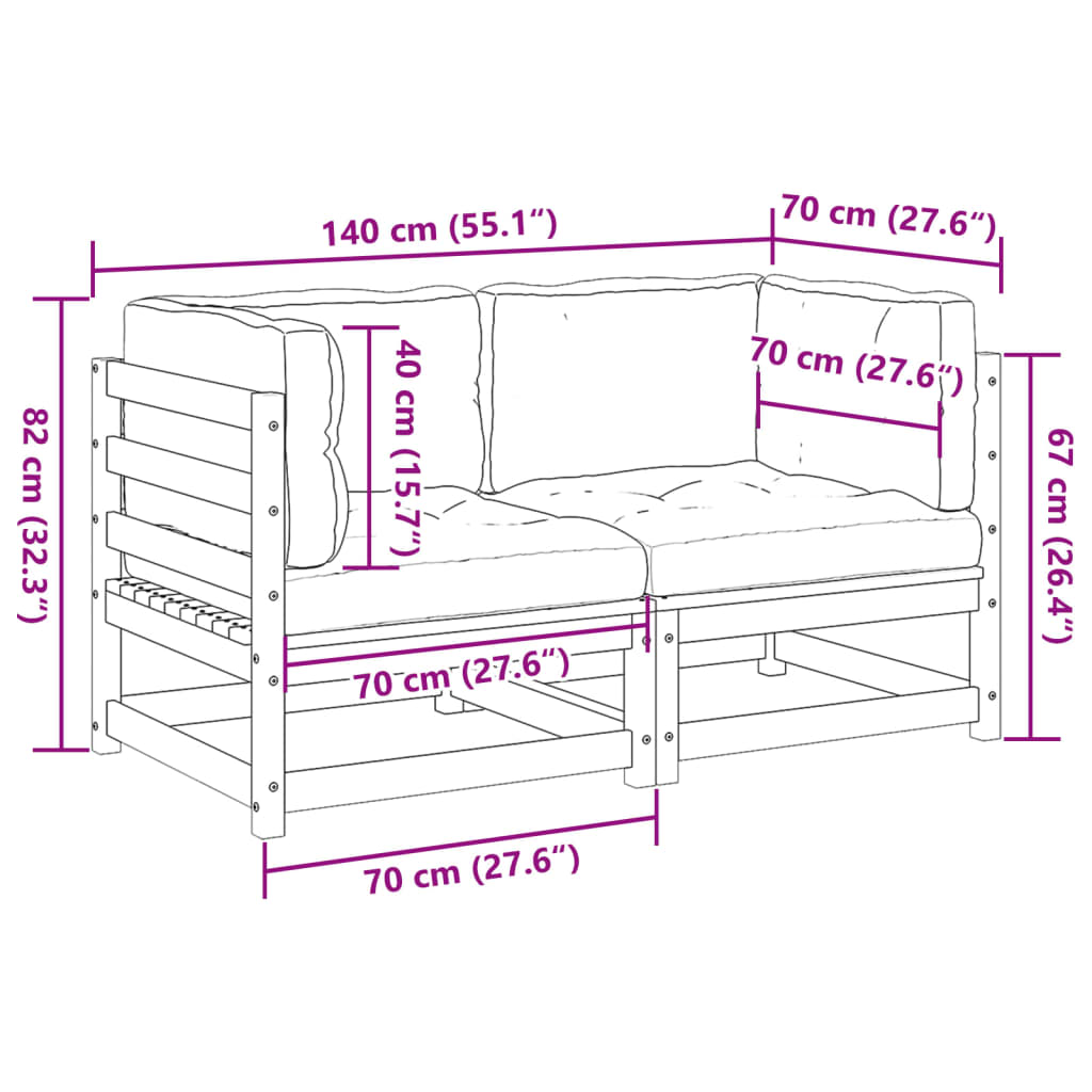 2 Piece Patio Sofa Set with Cushions Solid Wood Pine