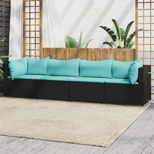 4 Piece Patio Lounge Set with Cushions Black Poly Rattan