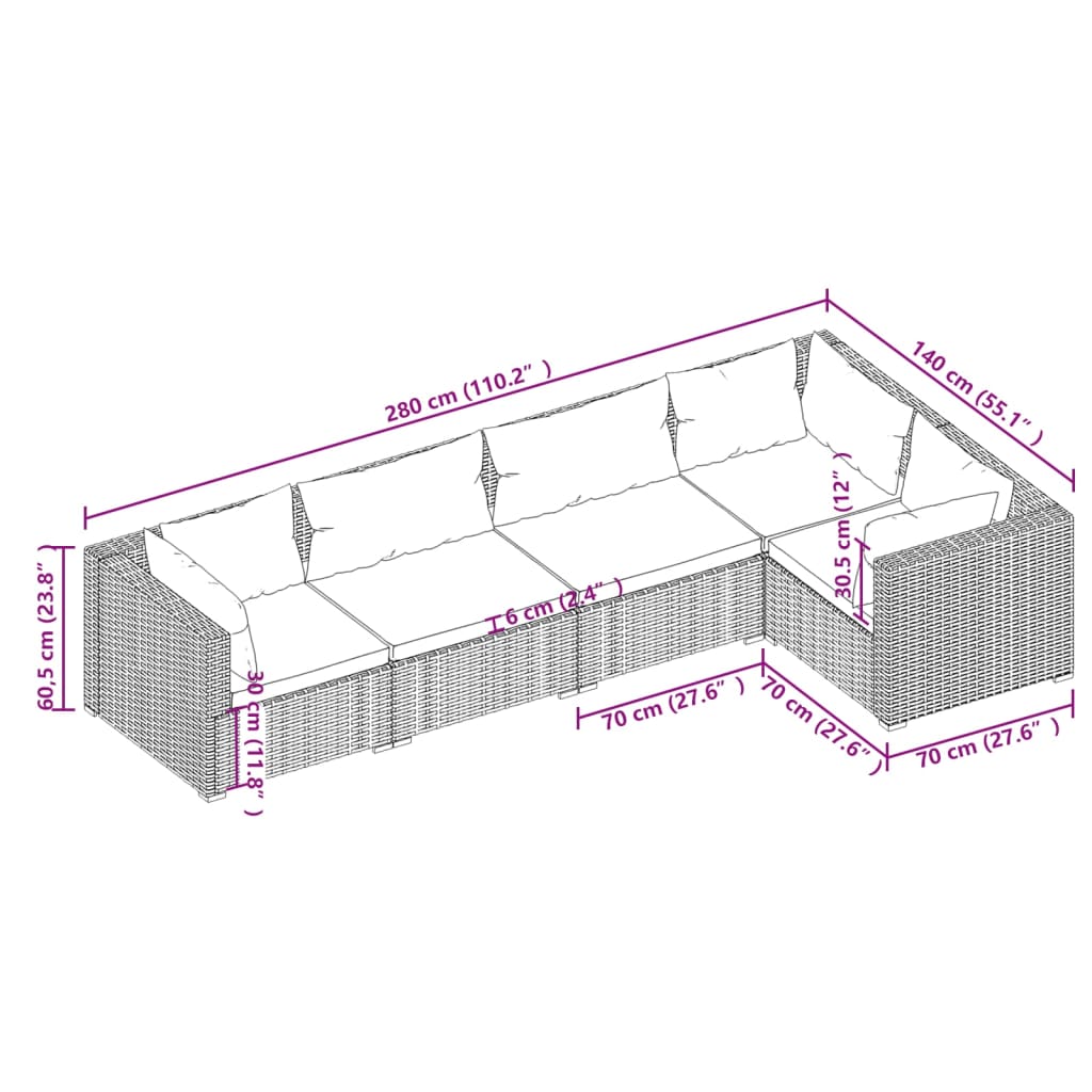 5 Piece Patio Lounge Set with Cushions Poly Rattan Brown