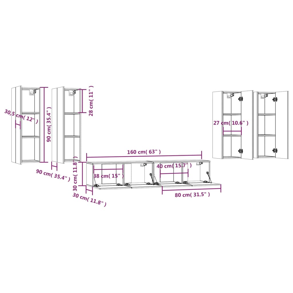 6 Piece TV Stand Set White Engineered Wood