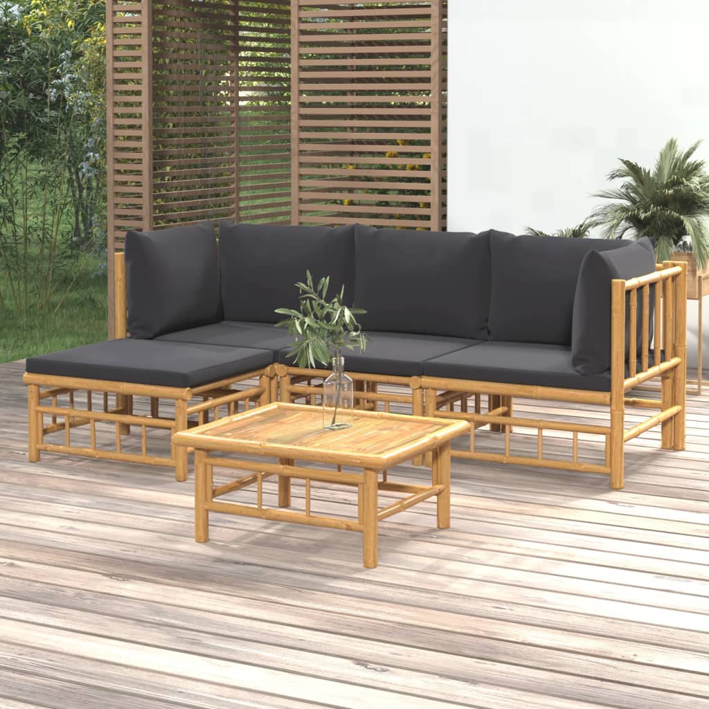 5 Piece Patio Lounge Set with Dark Gray Cushions Bamboo