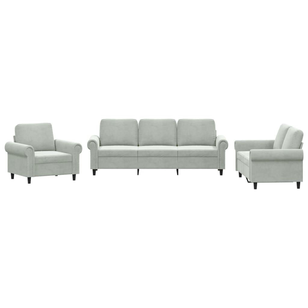 3 Piece Sofa Set with Cushions Light Gray Velvet