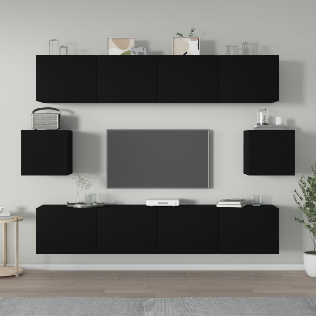 6 Piece TV Stand Set Black Engineered Wood