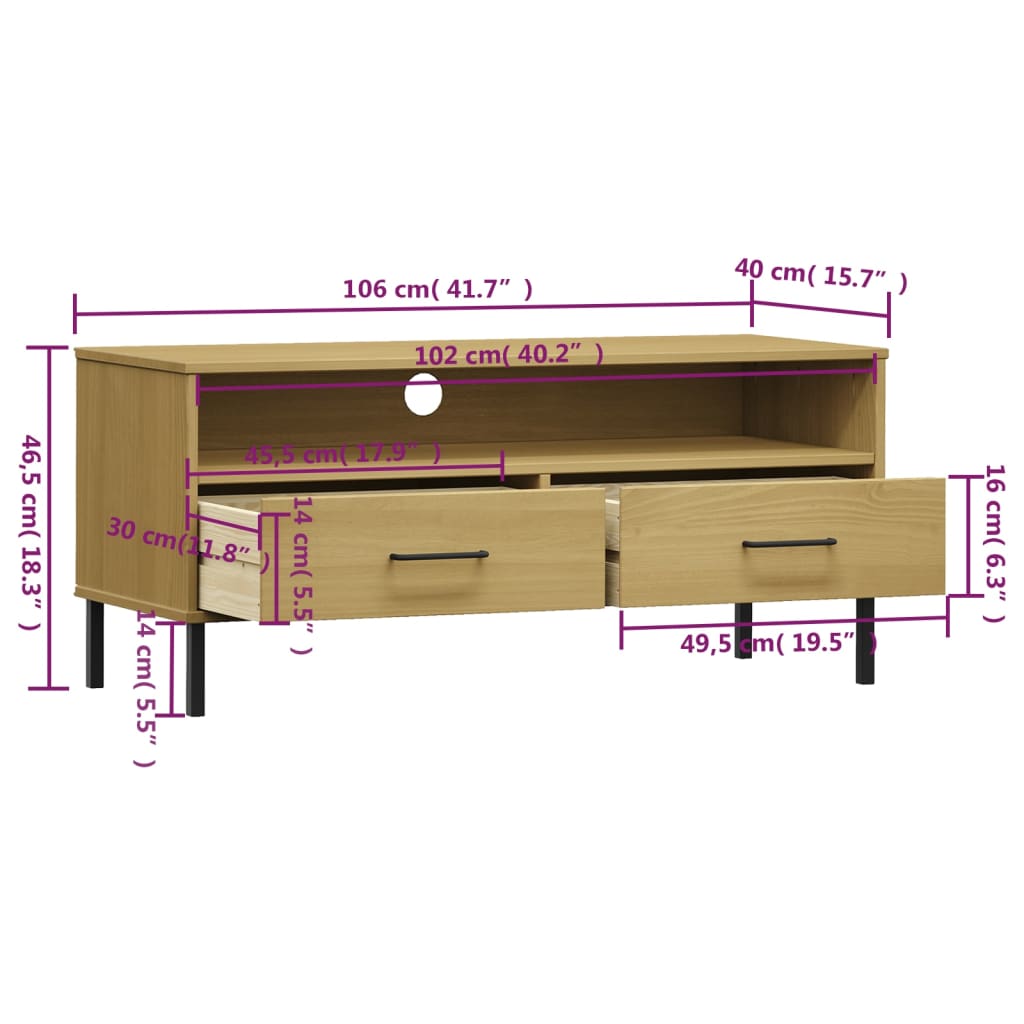 TV Stand with Metal Legs Brown Solid Wood Pine OSLO