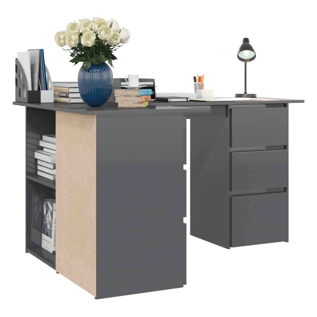 Corner Desk High Gloss Gray 57.1"x39.4"x29.9" Engineered Wood