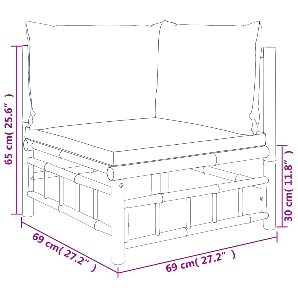 3 Piece Patio Lounge Set with Cream White Cushions Bamboo