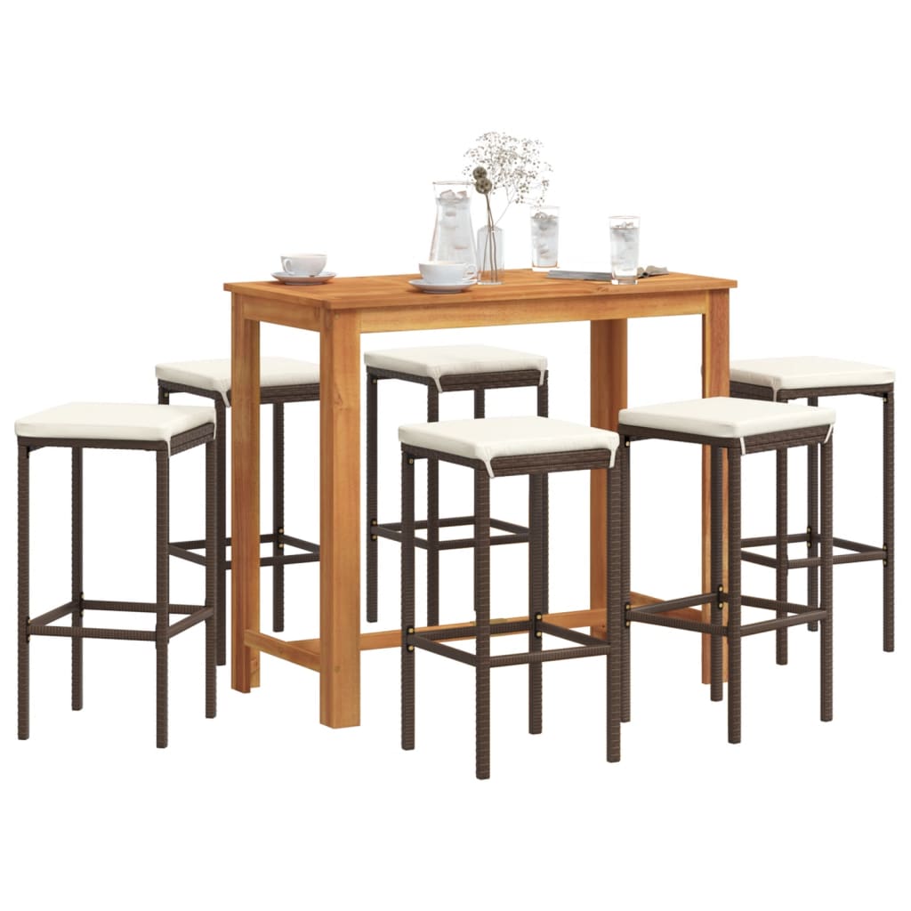 7 Piece Patio Bar Set Brown Solid Wood Acacia and Poly Rattan