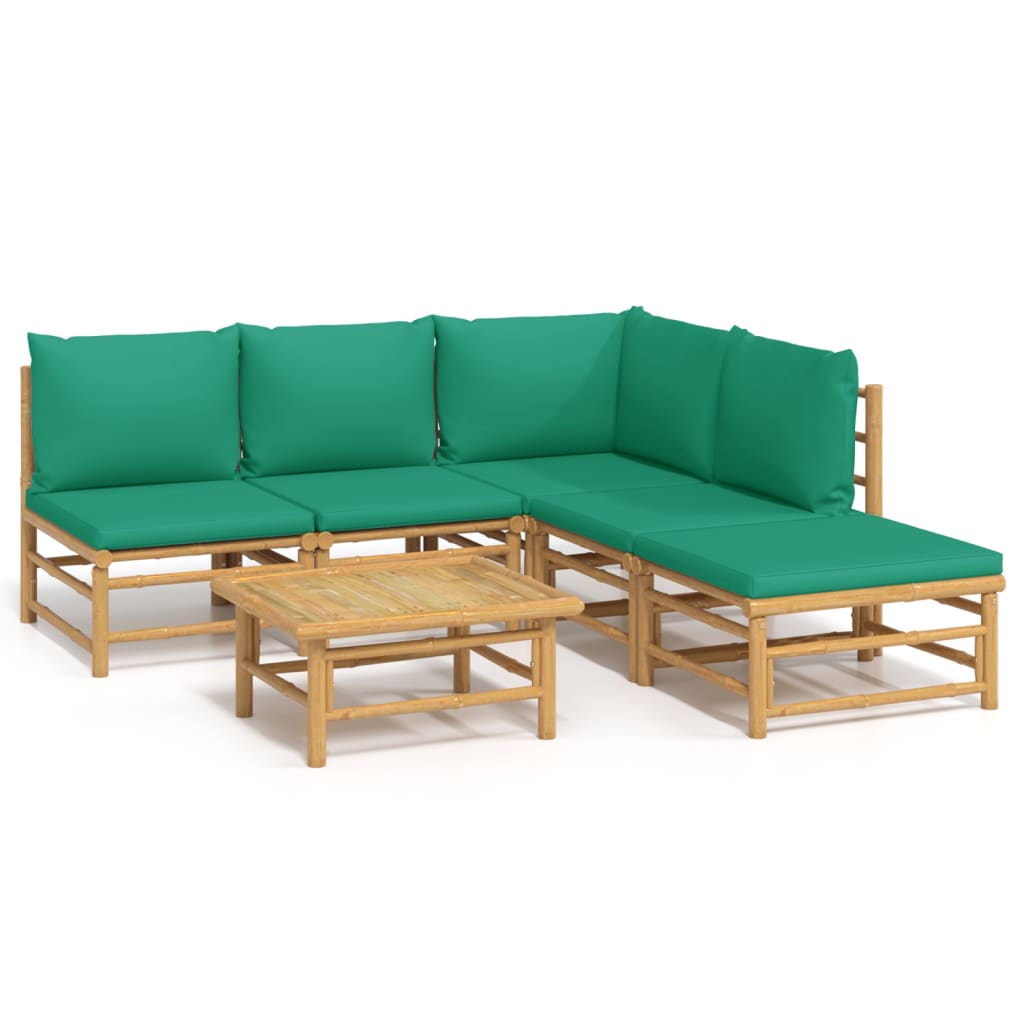 6 Piece Patio Lounge Set with Green Cushions Bamboo