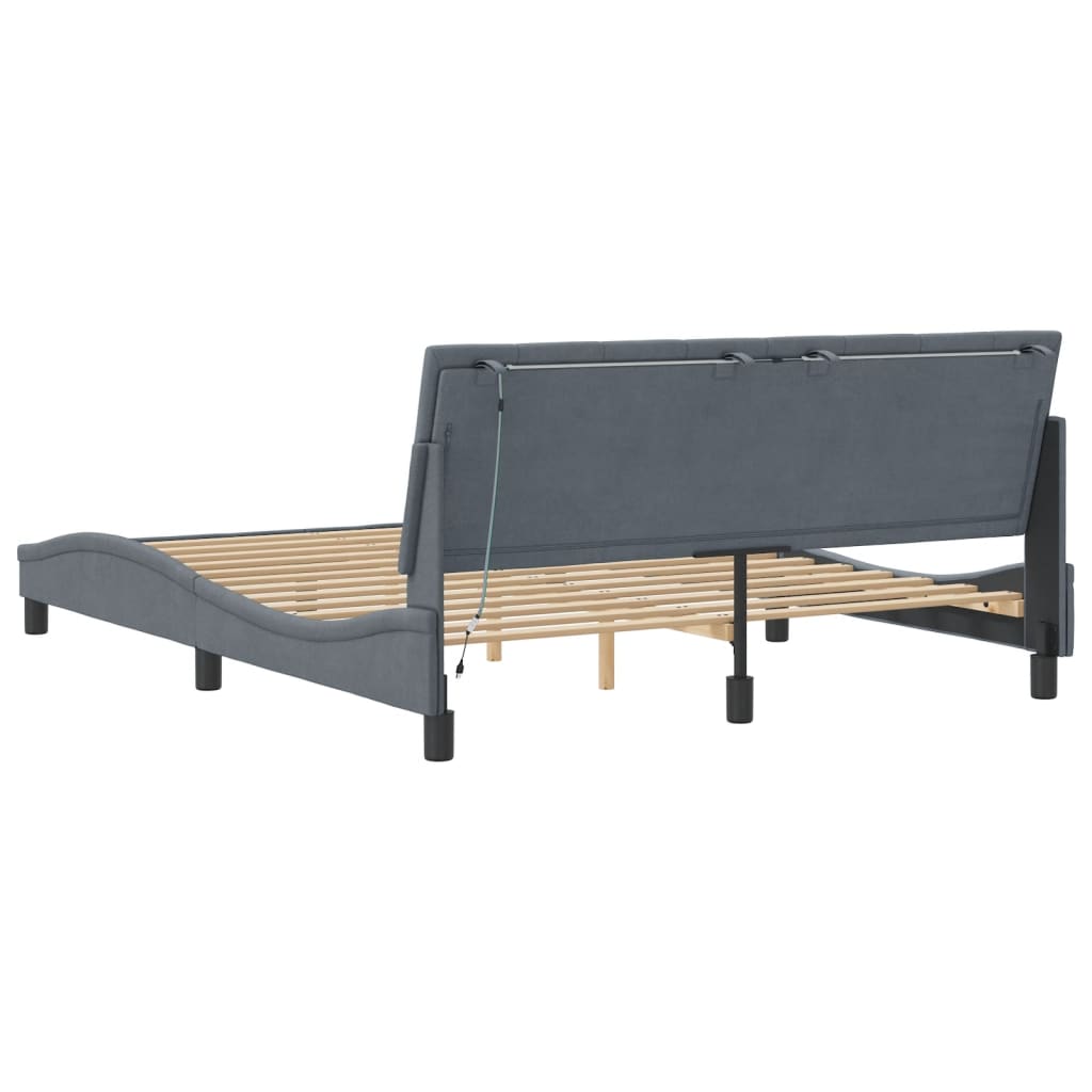 Bed Frame with LED without Mattress Dark Gray 59.8"x79.9" Velvet