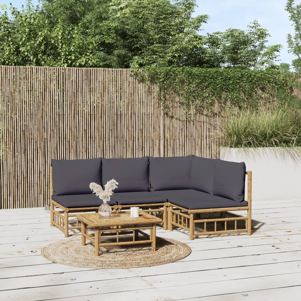 5 Piece Patio Lounge Set with Dark Gray Cushions Bamboo