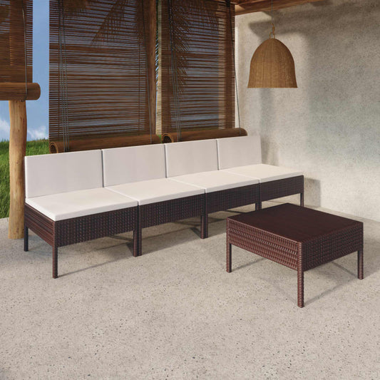 5 Piece Patio Lounge Set with Cushions Poly Rattan Brown