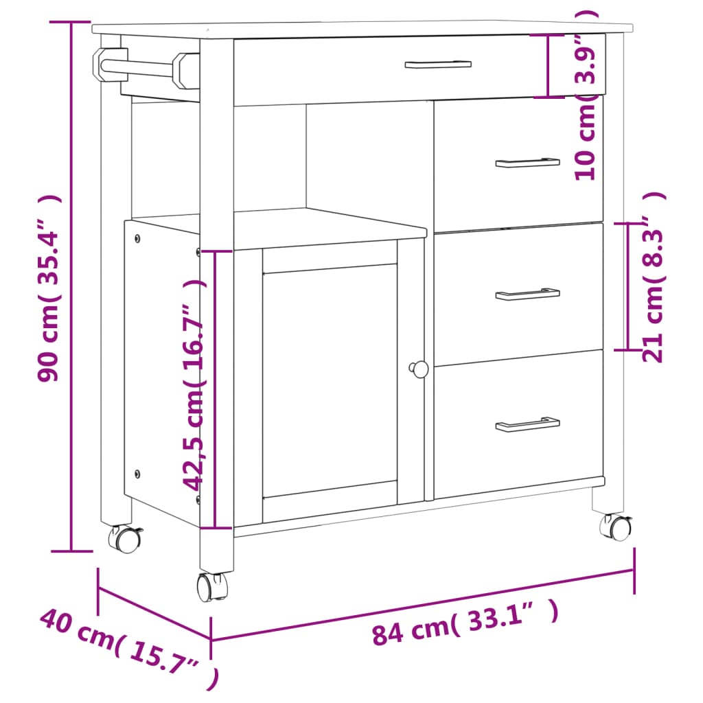 Kitchen Trolley MONZA 33.1"x15.7"x35.4" Solid Wood Pine