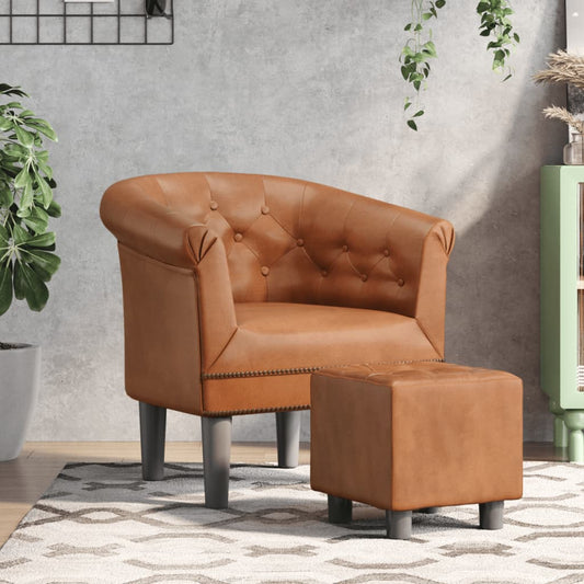 Tub Chair with Footstool Brown Faux Leather