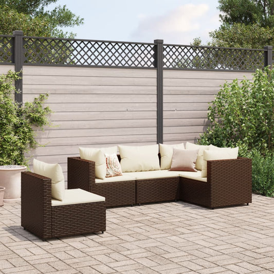 5 Piece Patio Lounge Set with Cushions Brown Poly Rattan