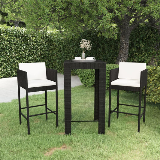 3 Piece Patio Bar Set with Cushions Poly Rattan Black