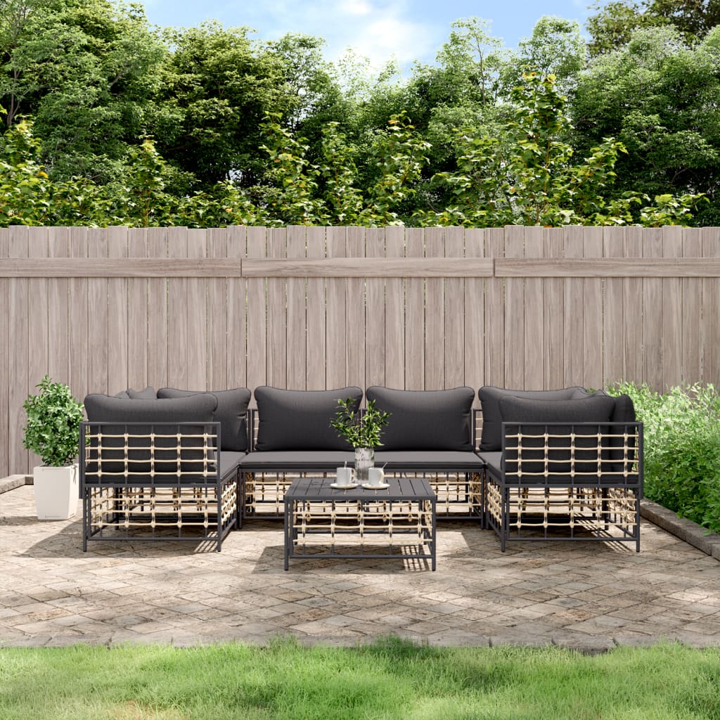 7 Piece Patio Lounge Set with Cushions Anthracite Poly Rattan