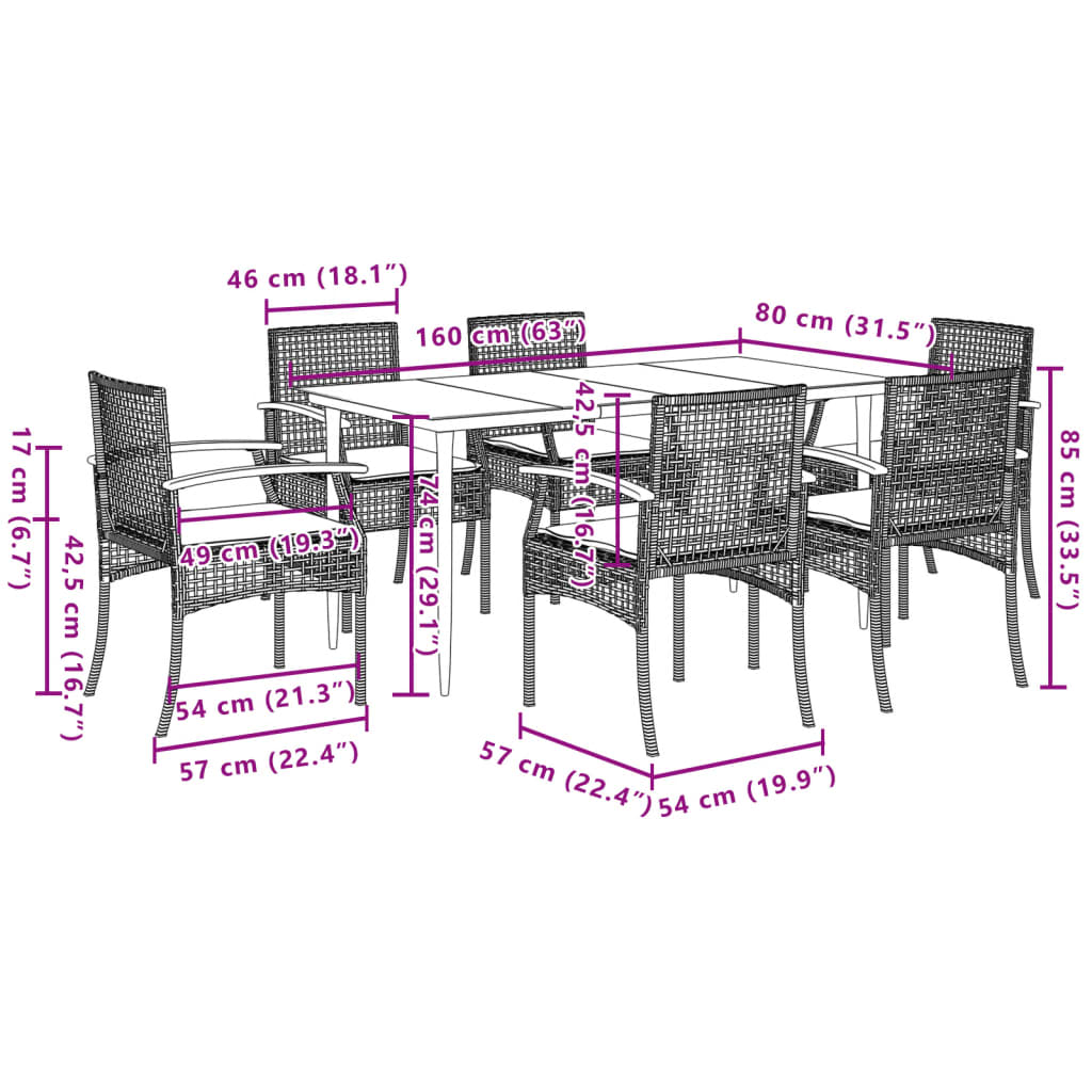 7 Piece Patio Dining Set with Cushions Gray Poly Rattan