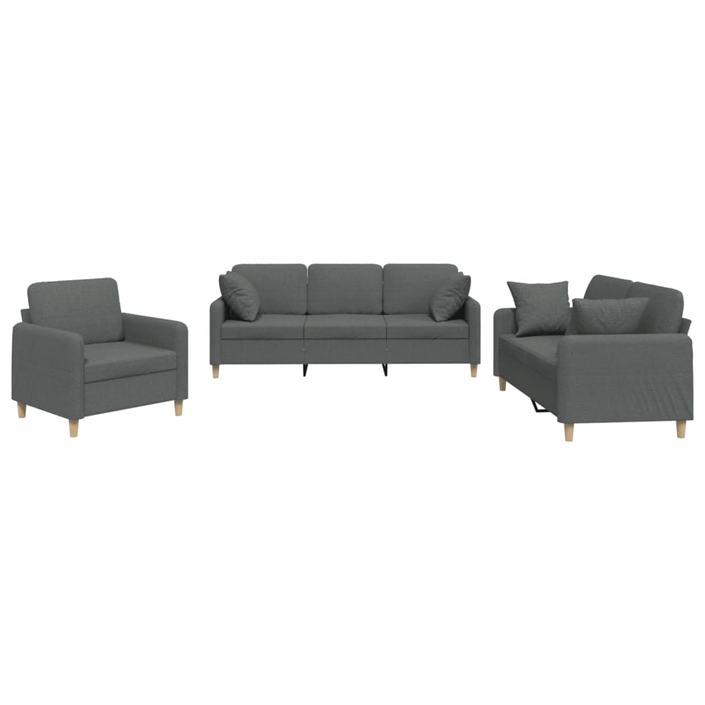 3 Piece Sofa Set with Pillows Dark Gray Fabric