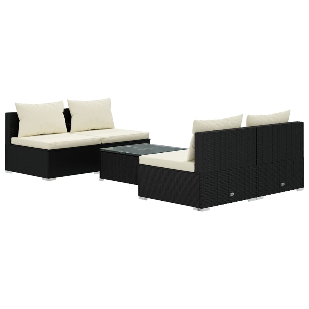 5 Piece Patio Lounge Set with Cushions Poly Rattan Black