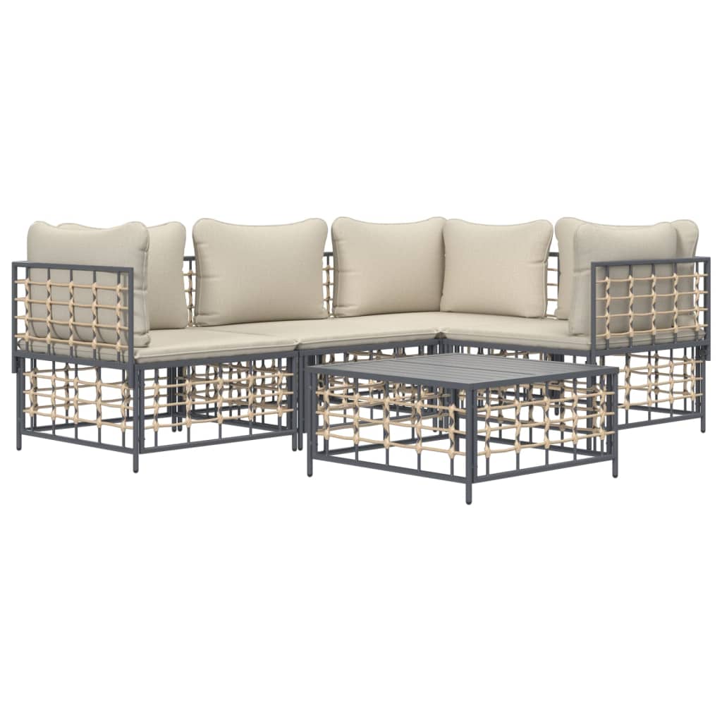 5 Piece Patio Lounge Set with Cushions Anthracite Poly Rattan