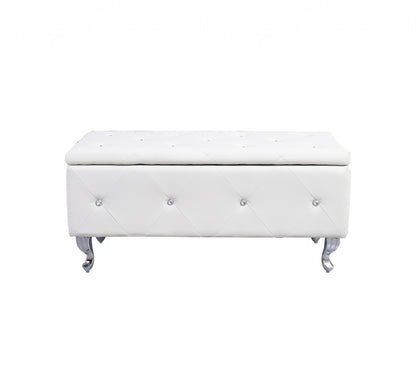 38" White and Silver Faux Leather Storage Bench With Flip Top