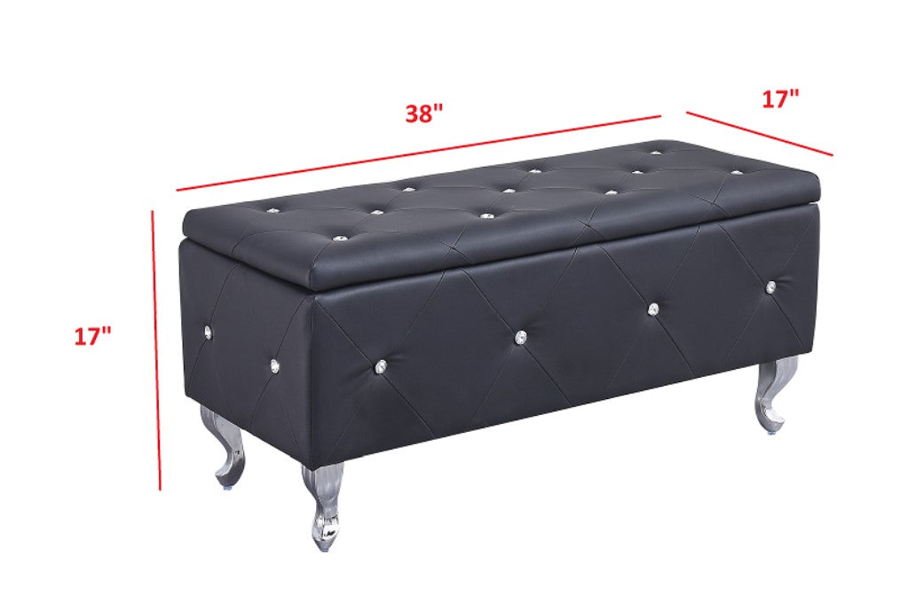 38" Black and Silver Faux Leather Storage Bench With Flip Top