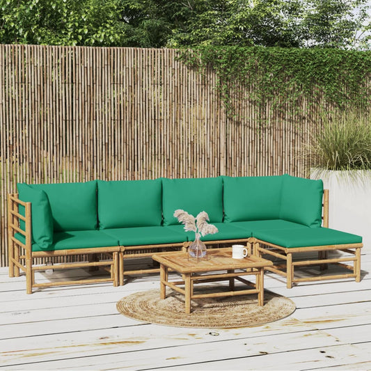 6 Piece Patio Lounge Set with Green Cushions Bamboo