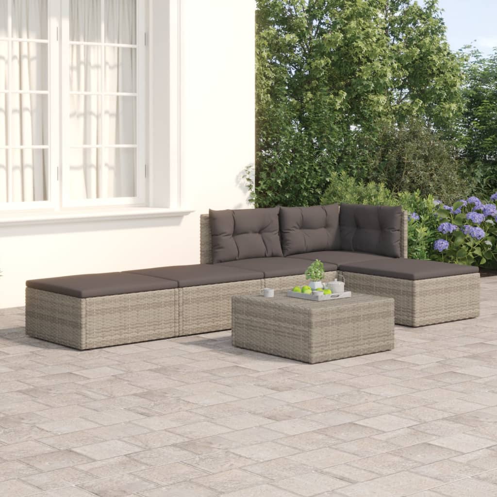 5 Piece Patio Lounge Set with Cushions Gray Poly Rattan