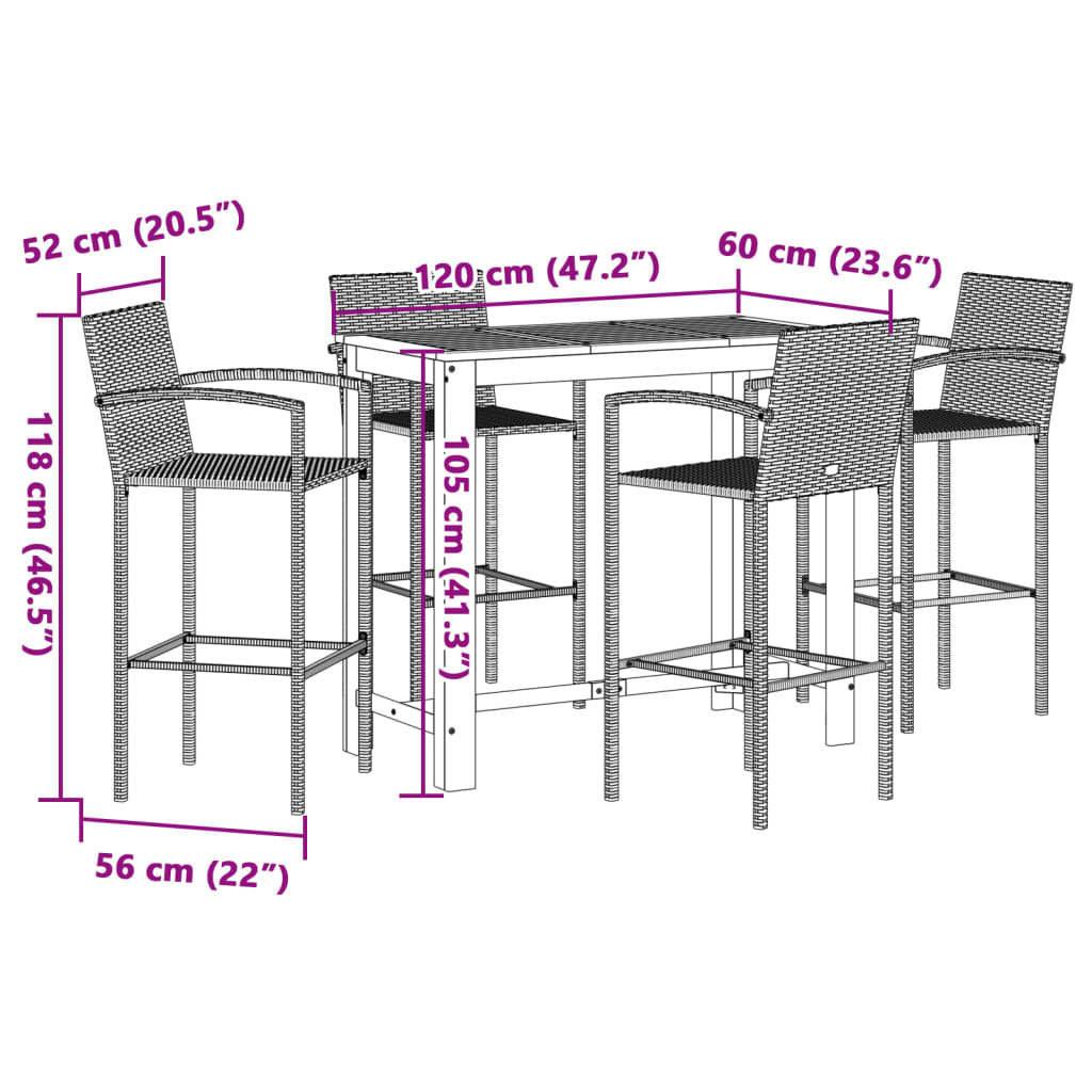 5 Piece Patio Bar Set Gray Solid Wood Acacia and Poly Rattan