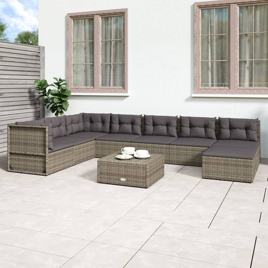 8 Piece Patio Lounge Set with Cushions Gray Poly Rattan