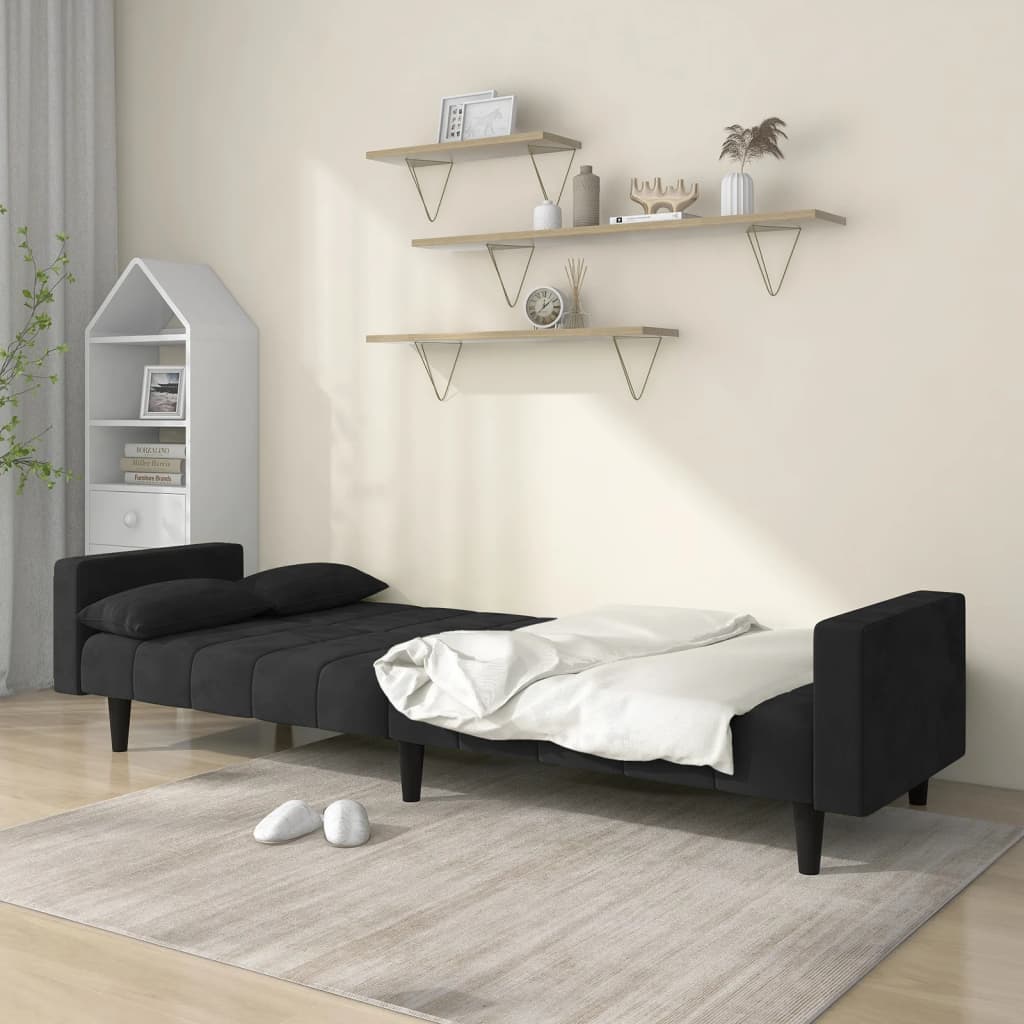 2-Seater Sofa Bed with Two Pillows Black Velvet