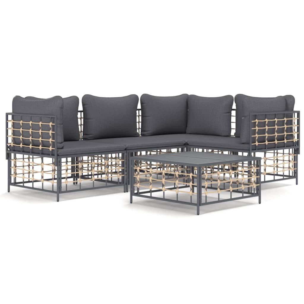 5 Piece Patio Lounge Set with Cushions Anthracite Poly Rattan