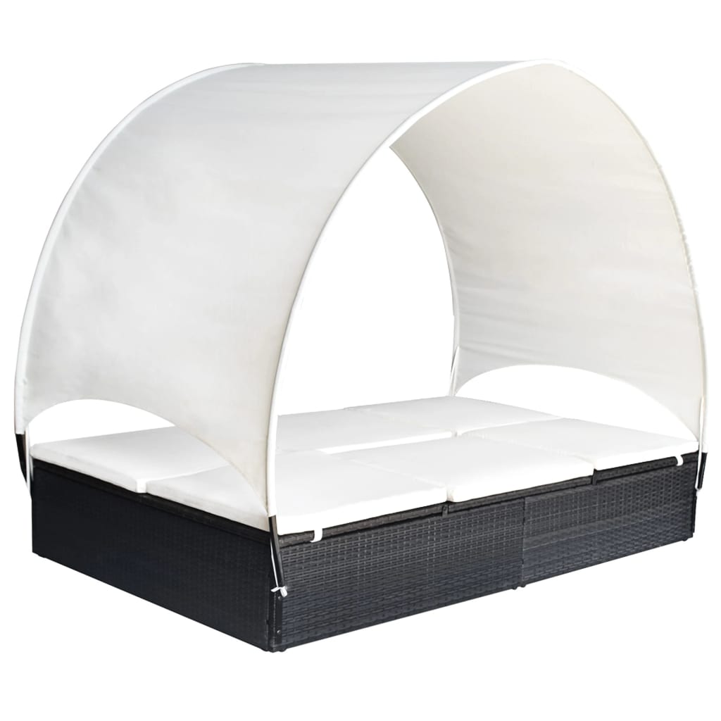 Double Sun Lounger with Canopy Poly Rattan Black