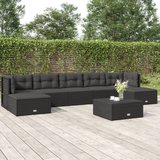 7 Piece Patio Lounge Set with Cushions Black Poly Rattan